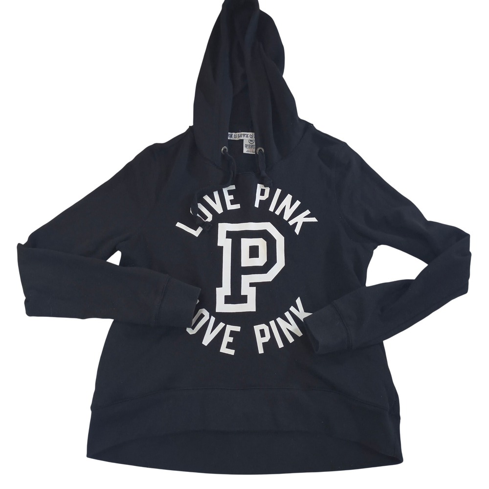Victoria's Secret PINK Love Pink Logo Hoodie Black Pullover Sweatshirt Small